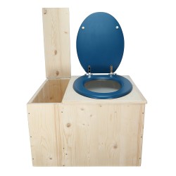 Toilette sèche avec bac à copeaux de bois, abattant bleu, seau 22L plastique et bavette inox