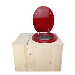 Toilette sèche avec bac à copeaux de bois, abattant rouge, seau 22L plastique et bavette inox