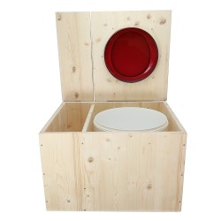 Toilette sèche avec bac à copeaux de bois, abattant rouge, seau 22L plastique et bavette inox