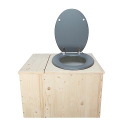 Toilette sèche avec bac à copeaux de bois, abattant gris, seau 22L plastique et bavette inox