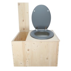 Toilette sèche avec bac à copeaux de bois, abattant gris, seau 22L plastique et bavette inox