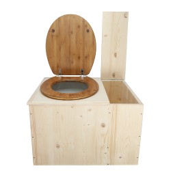 Toilette sèche avec bac à copeaux de bois à droite , abattant bambou, bavette inox, seau 22L plastique