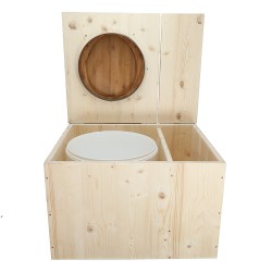 Toilette sèche avec bac à copeaux de bois à droite , abattant bambou, bavette inox, seau 22L plastique