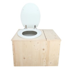 Toilette sèche avec bac à copeaux de bois à droite , abattant blanc, bavette inox, seau 22L plastique
