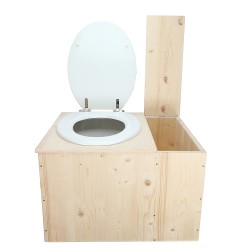 Toilette sèche avec bac à copeaux de bois à droite , abattant blanc, bavette inox, seau 22L plastique