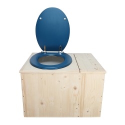 Toilette sèche avec bac à copeaux de bois à droite , abattant bleu, bavette inox, seau 22L plastique