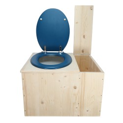 Toilette sèche avec bac à copeaux de bois à droite , abattant bleu, bavette inox, seau 22L plastique