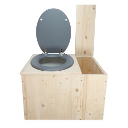 Toilette sèche avec bac à copeaux de bois à droite , abattant gris, bavette inox, seau 22L plastique