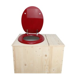 Toilette sèche avec bac à copeaux de bois à droite , abattant rouge, bavette inox, seau 22L plastique