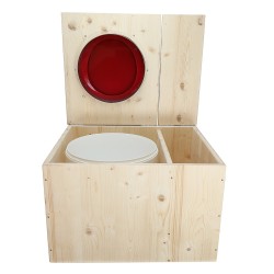 Toilette sèche avec bac à copeaux de bois à droite , abattant rouge, bavette inox, seau 22L plastique