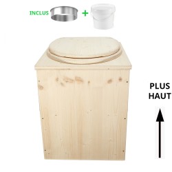 Toilette sèche en bois brut rehaussée avec seau plastique 20 L + bavette inox