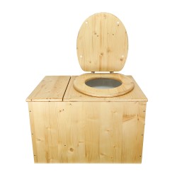 Toilette sèche avec bac à copeaux de bois huilé. Livré complet avec bavette inox et seau 20 litres