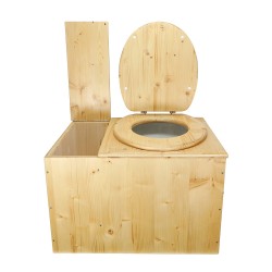 Toilette sèche avec bac à copeaux de bois huilé. Livré complet avec bavette inox et seau 20 litres