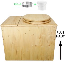 Toilette sèche en bois huilé rehaussée avec bac à copeaux de bois avec bavette inox et seau 20 litres plastique
