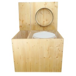 Toilette sèche en bois huilé rehaussée avec bac à copeaux de bois avec bavette inox et seau 20 litres plastique