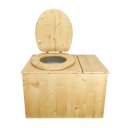 Toilette sèche huilée avec bac à copeaux de bois intégré à droite. Livré avec bavette inox et seau 20 litres plastique