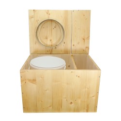 Toilette sèche huilée avec bac à copeaux de bois intégré à droite. Livré avec bavette inox et seau 20 litres plastique