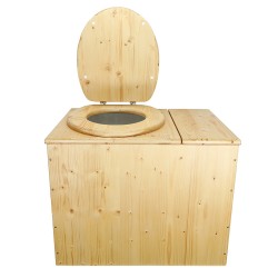 Toilette sèche rehaussée huilée avec bac à copeaux de bois à droite avec bavette inox et seau 20 litres plastique - PMR
