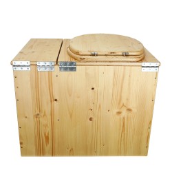 Toilette sèche rehaussée huilée avec bac à copeaux de bois à droite avec bavette inox et seau 20 litres plastique - PMR