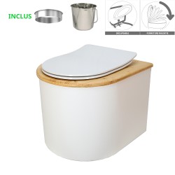 Toilette sèche en bois blanc /huilé arrondie avec seau et bavette inox, abattant thermodur blanc déclipsable