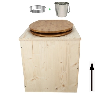 toilette sèche en bois avec seau inox et bavette inox avec abattant bambou - modèle rehaussé PMR