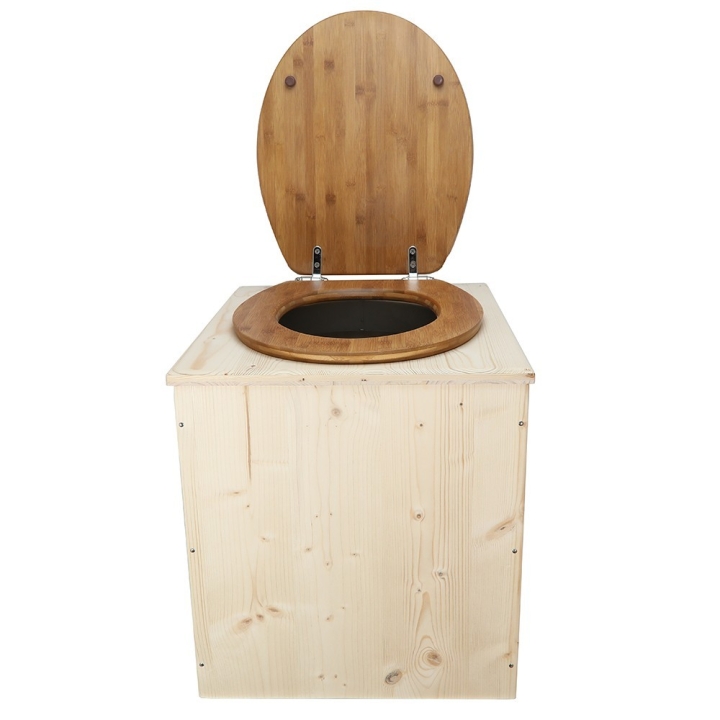  toilette sèche en bois avec seau inox et bavette inox avec abattant bambou - modèle rehaussé PMR