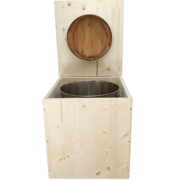  toilette sèche en bois avec seau inox et bavette inox avec abattant bambou - modèle rehaussé PMR