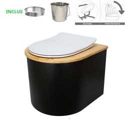 Toilette sèche en bois noir/huilé arrondie avec seau et bavette inox, abattant thermodur blanc déclipsable