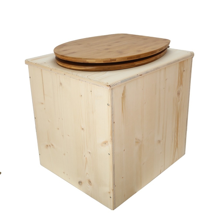  toilette sèche en bois avec seau inox et bavette inox avec abattant bambou - modèle rehaussé PMR