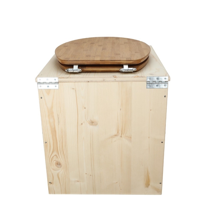  toilette sèche en bois avec seau inox et bavette inox avec abattant bambou - modèle rehaussé PMR