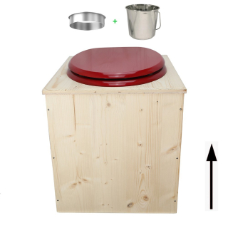 toilette sèche en bois avec seau inox et bavette inox avec abattant bois rouge framboise - modèle rehaussé PMR