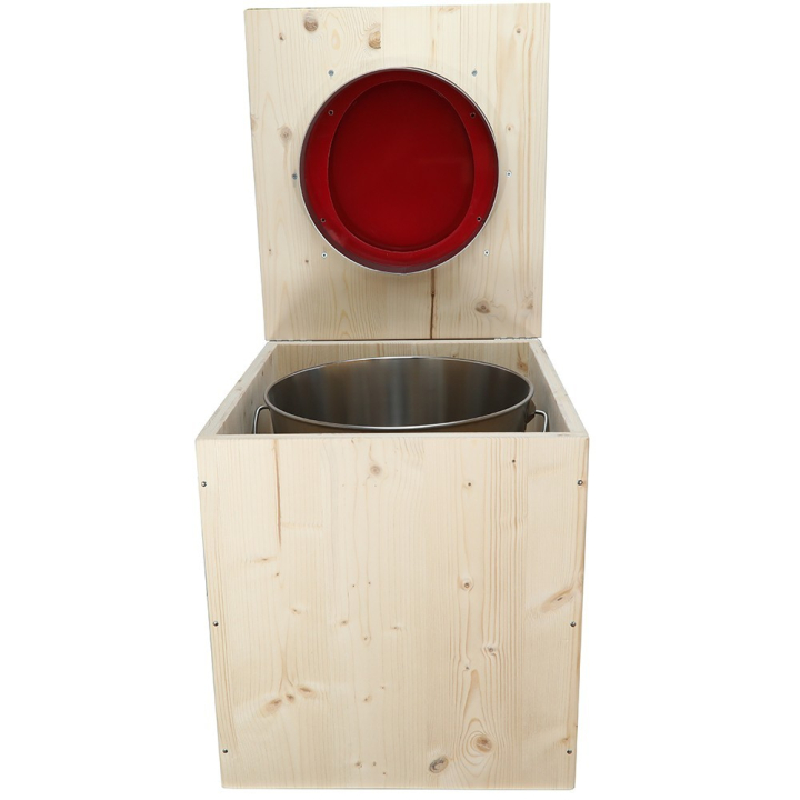  toilette sèche en bois avec seau inox et bavette inox avec abattant bois rouge framboise - modèle rehaussé PMR