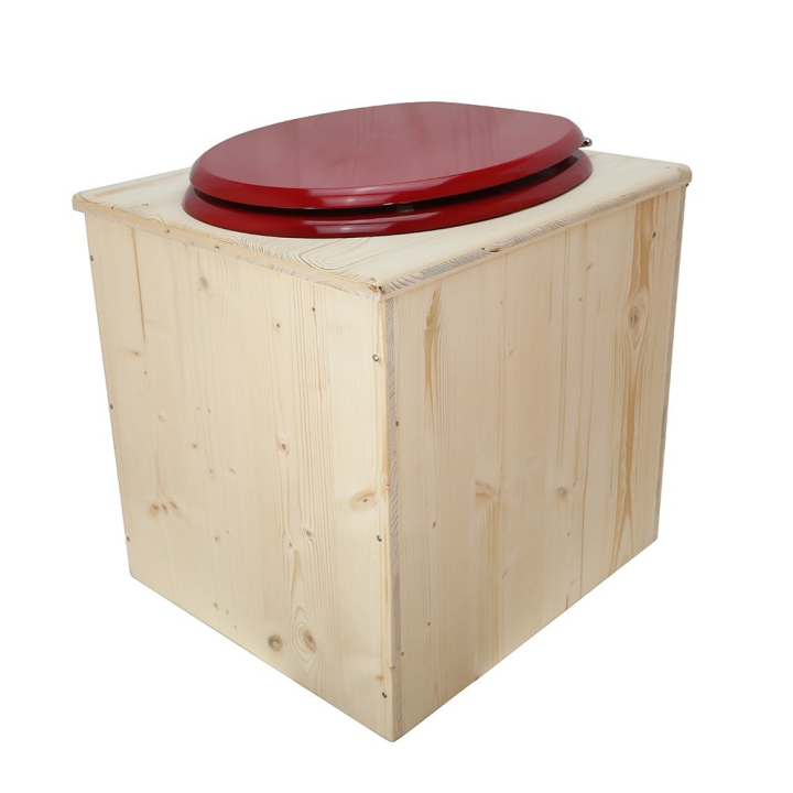  toilette sèche en bois avec seau inox et bavette inox avec abattant bois rouge framboise - modèle rehaussé PMR