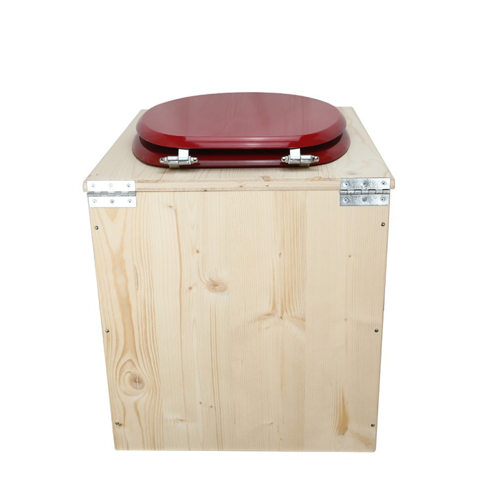  toilette sèche en bois avec seau inox et bavette inox avec abattant bois rouge framboise - modèle rehaussé PMR