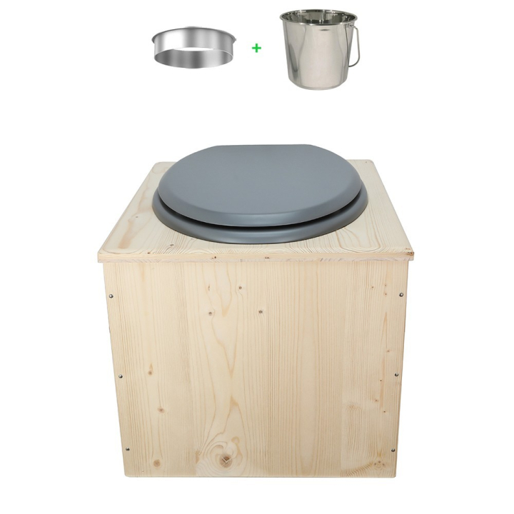 Toilette sèche en bois brut avec seau inox
