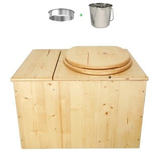 Toilette sèche huilée avec bac à copeaux de bois complète avec bavette inox Ø30cm et seau inox