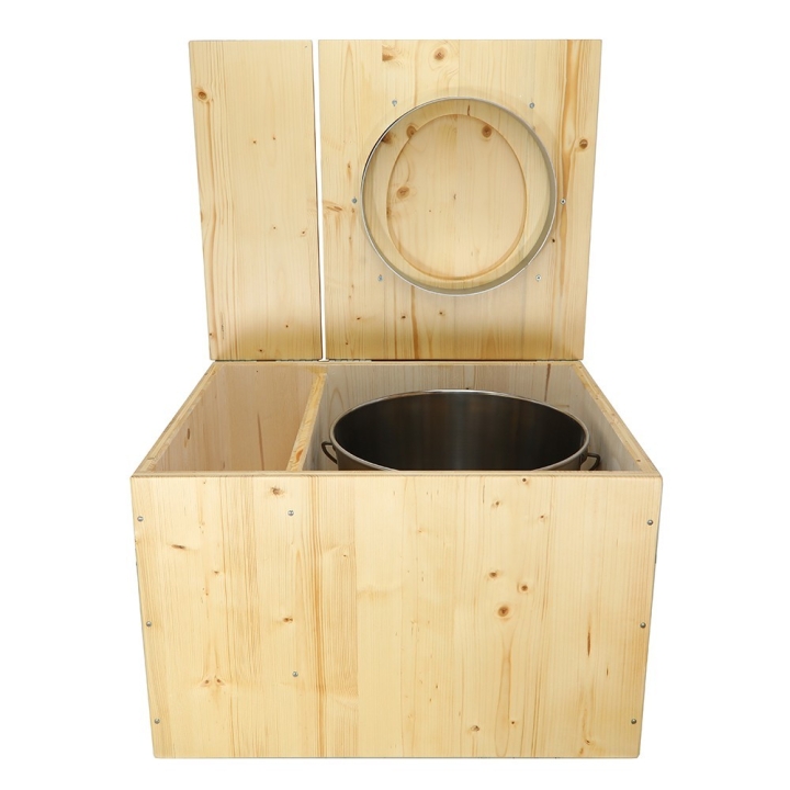  Toilette sèche huilée avec bac à copeaux de bois complète avec bavette inox Ø30cm et seau inox
