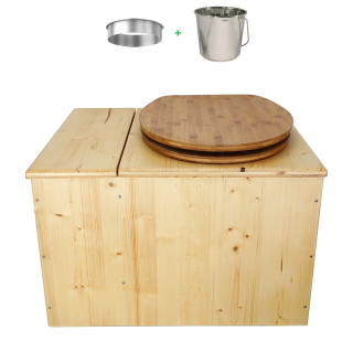 Toilette sèche huilée avec bac à copeaux de bois complète avec bavette inox et seau inox