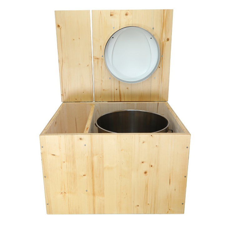  Toilette sèche huilée avec bac à copeaux de bois complète avec bavette inox Ø30cm et seau inox 