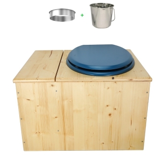 Toilette sèche huilée avec bac à copeaux de bois complète avec bavette inox Ø30cm et seau inox