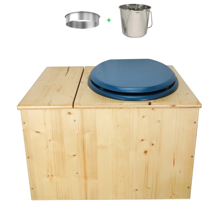 Toilette sèche huilée avec bac à copeaux de bois complète avec bavette inox Ø30cm et seau inox