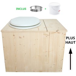 Toilette sèche rehaussée avec bac à copeaux de bois intégré à droite, avec bavette inox et seau 22L plastique Abattant blanc