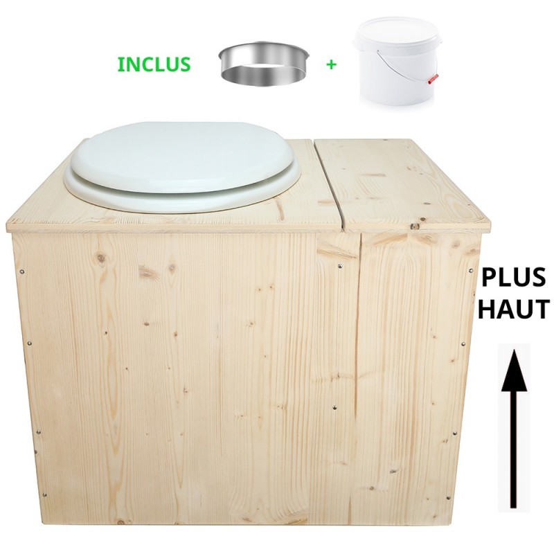 Toilette sèche rehaussée avec bac à copeaux de bois intégré à droite, avec bavette inox et seau 22L plastique Abattant blanc