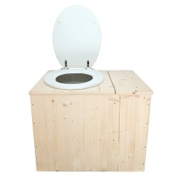Toilette sèche rehaussée avec bac à copeaux de bois intégré à droite, avec bavette inox et seau 22L plastique Abattant blanc