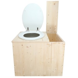 Toilette sèche rehaussée avec bac à copeaux de bois intégré à droite, avec bavette inox et seau 22L plastique Abattant blanc