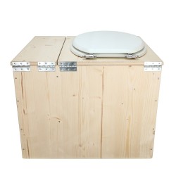 Toilette sèche rehaussée avec bac à copeaux de bois intégré à droite, avec bavette inox et seau 22L plastique Abattant blanc