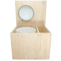 Toilette sèche rehaussée avec bac à copeaux de bois intégré à droite, avec bavette inox et seau 22L plastique Abattant blanc