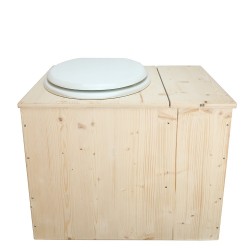 Toilette sèche rehaussée avec bac à copeaux de bois intégré à droite, avec bavette inox et seau 22L plastique Abattant blanc