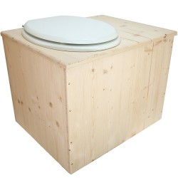 Toilette sèche rehaussée avec bac à copeaux de bois intégré à droite, avec bavette inox et seau 22L plastique Abattant blanc