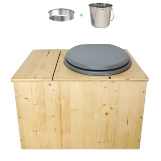 Toilette sèche huilée avec bac à copeaux de bois complète avec bavette inox Ø30cm et seau inox
